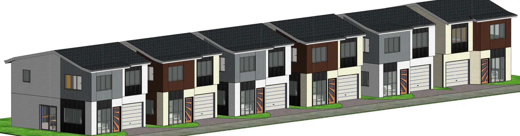 Colour 3D concept render of the six 584 Massey Road homes from the street, with mixed weatherboard and vertical cladding
